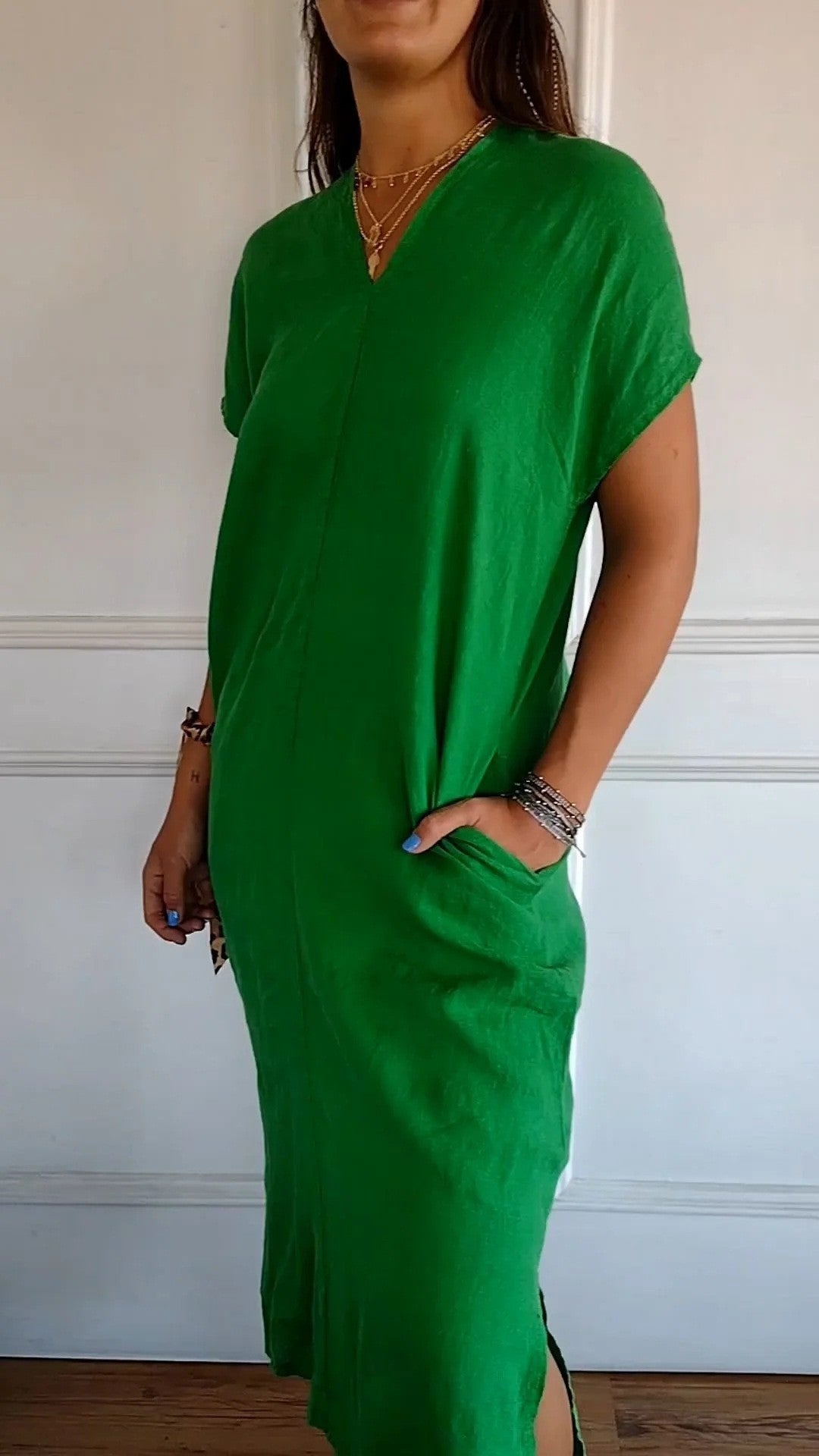 New V-neck Short Sleeve Slit Loose Dress