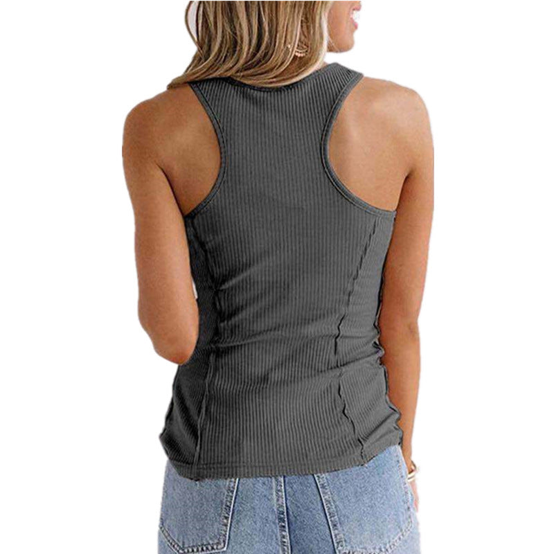 European And American New Hot Sale Solid Color Buttons Sleeveless Vest T-shirt Women's Clothing