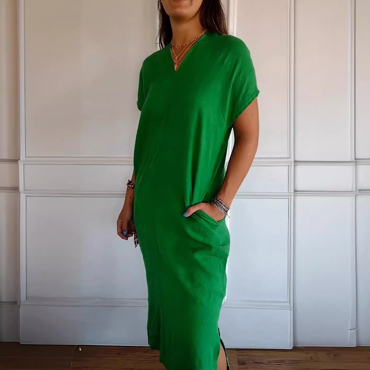 New V-neck Short Sleeve Slit Loose Dress