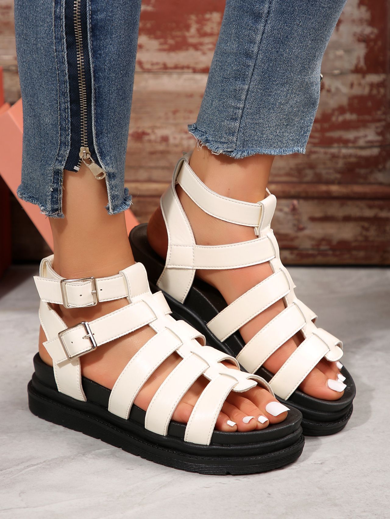 Hollow-out Belt Buckle Platform Pig Cage Sandals Women's Foreign Trade Roman Shoes
