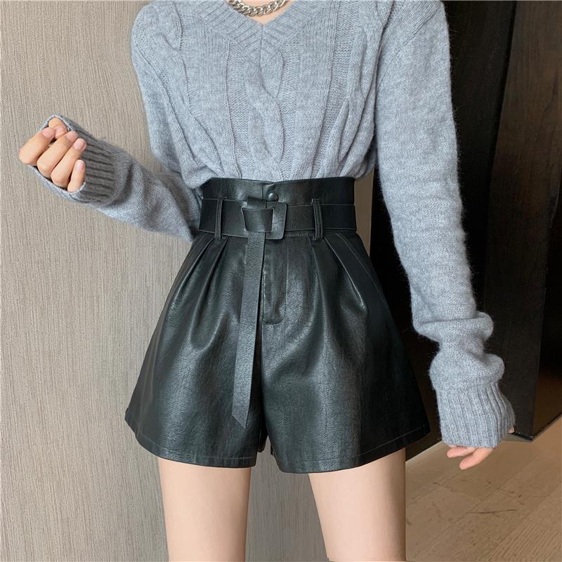 Coffee Color Leather Shorts Women's Autumn And Winter Outer Wear