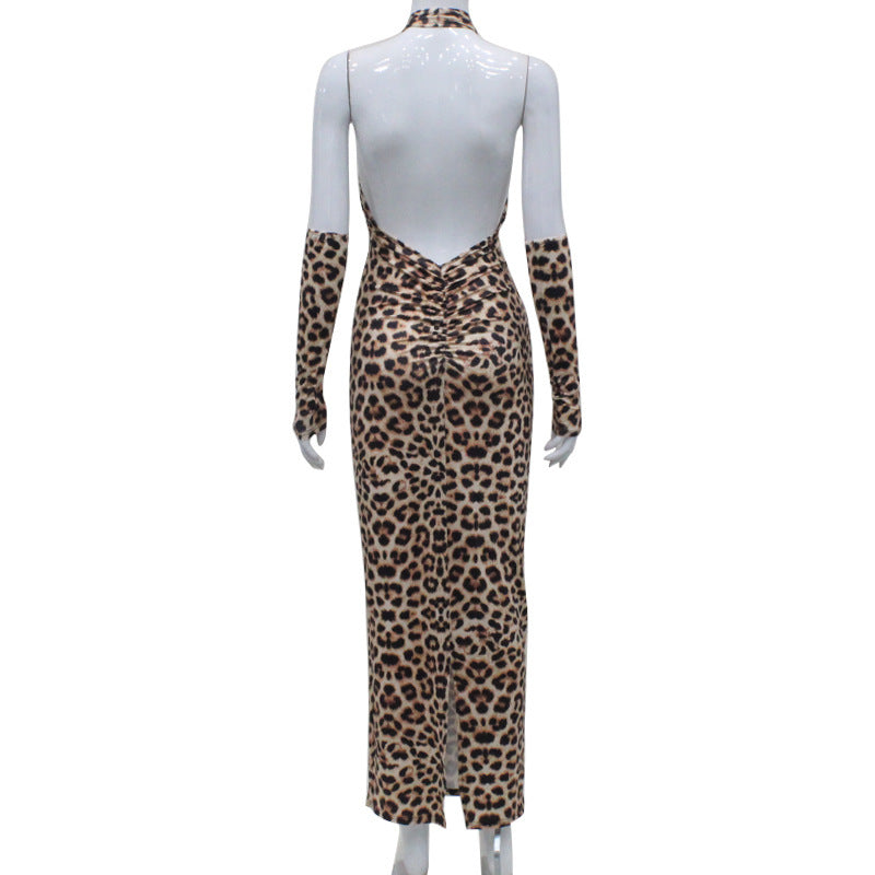 European And American Sexy Leopard Print Cross Hollow Out Strap Backless High Waist Dress
