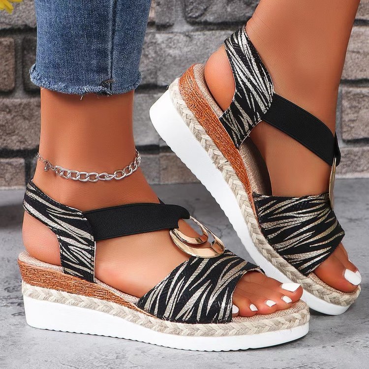 Women's Metal Buckle Hemp Rope Wedge Peep Toe Sandals