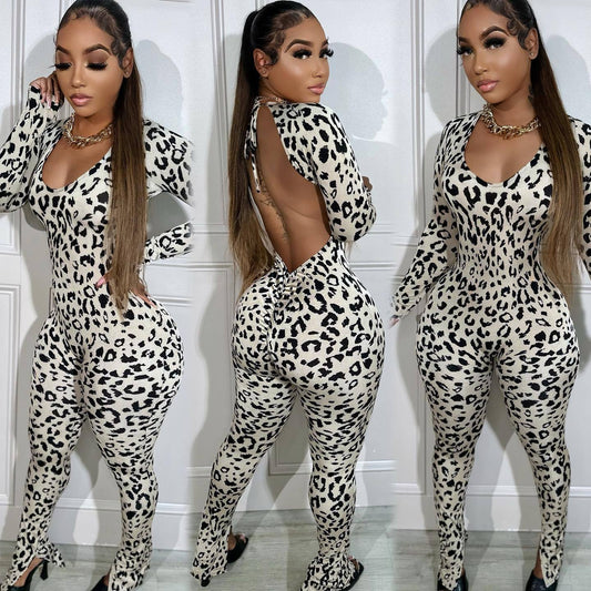 European And American Women's Clothing Casual Leopard Print Jumpsuit