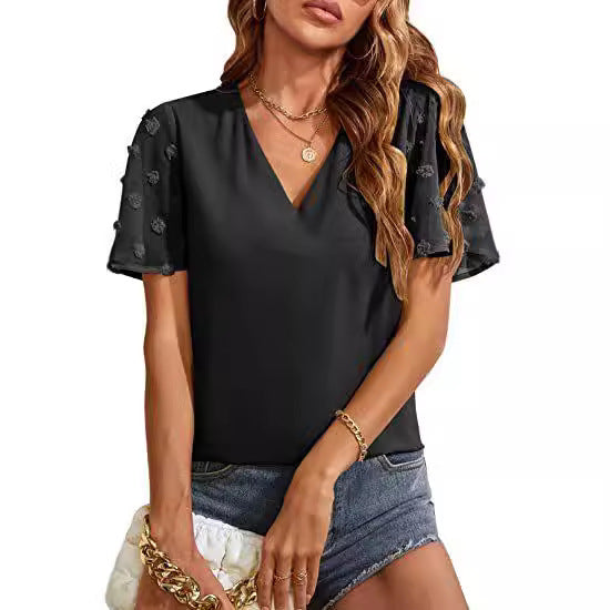 Women's Chiffon Shirt Fur Ball Short Sleeve Shirt