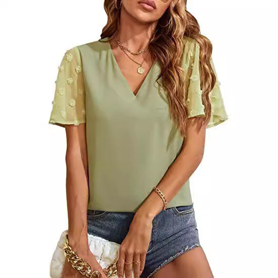 Women's Chiffon Shirt Fur Ball Short Sleeve Shirt