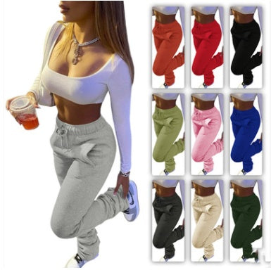 European And American Women'S Clothing Thickened Sweater Fabric Sports Casual Drawstring Pile Pants With Pockets