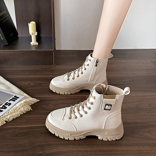 Women's Soft Leather High-top Shoes Thick-soled British Style Booties