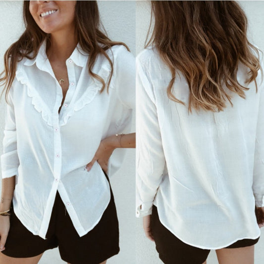 Women's solid color casual long-sleeved shirt with wooden ears
