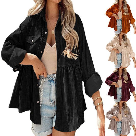 Fashion Corduroy Ruffled Shirt Top For Women