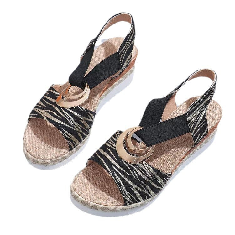 Women's Metal Buckle Hemp Rope Wedge Peep Toe Sandals