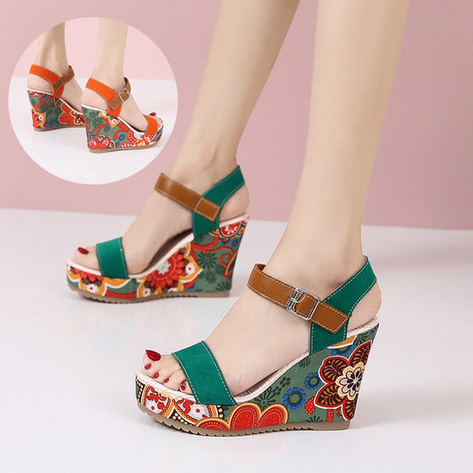 Fashion Flowers Embroidered High Wedge Sandals For Women Summer Toe Platform Buckle Shoes