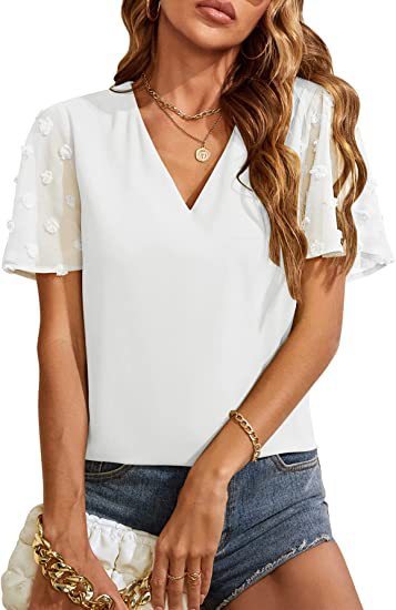 Women's Chiffon Shirt Fur Ball Short Sleeve Shirt