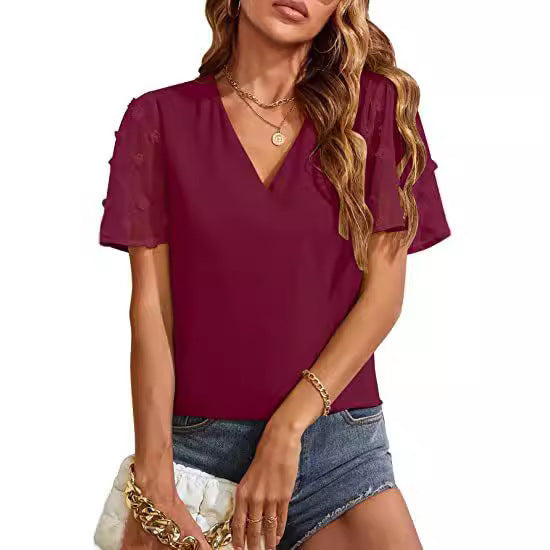 Women's Chiffon Shirt Fur Ball Short Sleeve Shirt