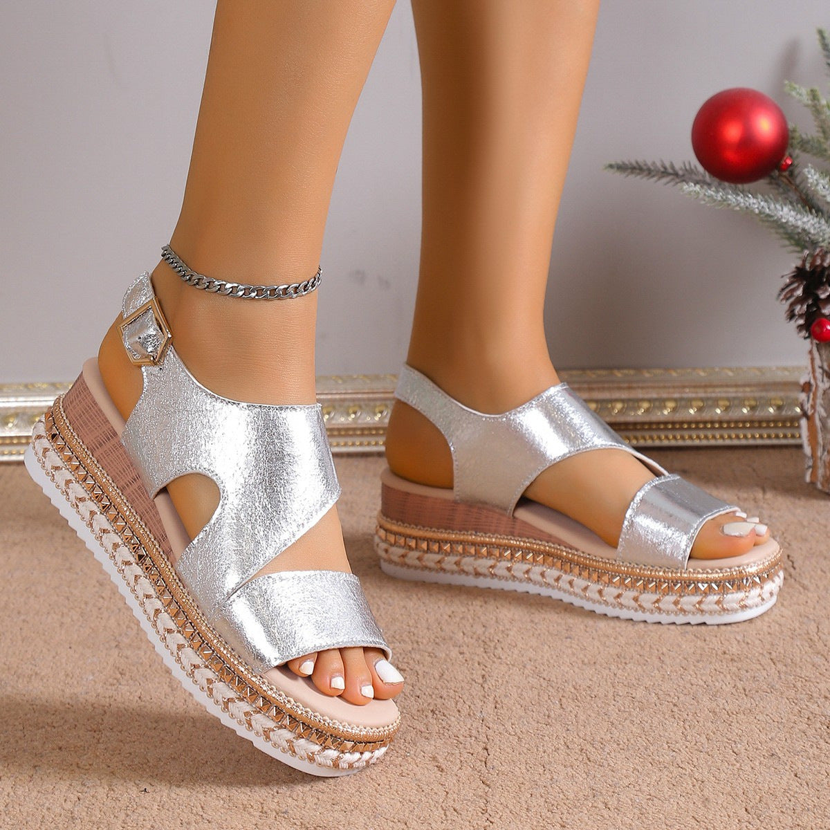 European And American Plus Size Peep Toe Wedge Sandals Round Toe Elastic Band High Heel Sandals Women's Loose High Silver Roman Sandals Women