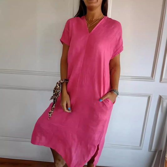 New V-neck Short Sleeve Slit Loose Dress