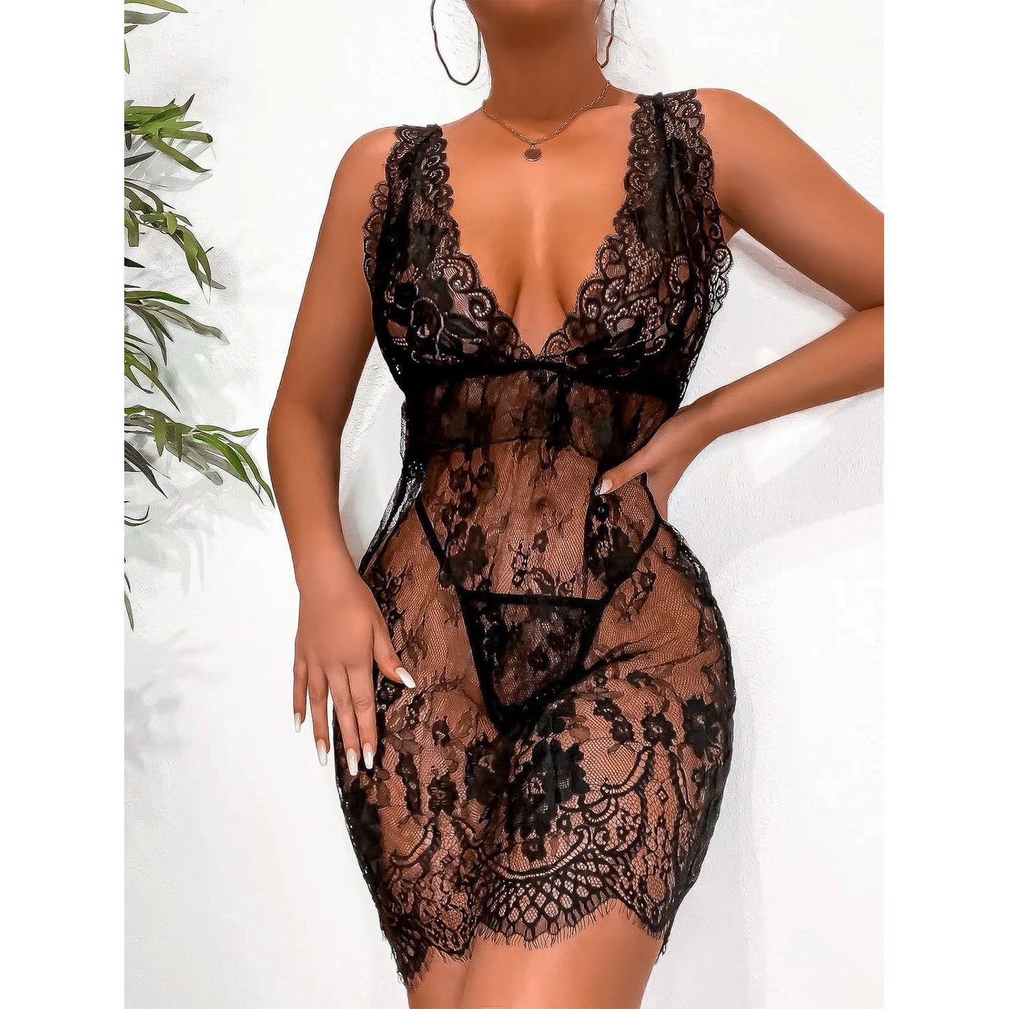 European And American Women's Black Thong Lace Pajamas Set