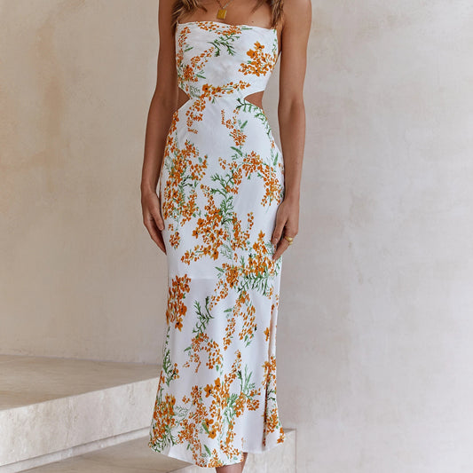 New Small Floral Print Backless Lace-up Sweet Spaghetti-strap Dress