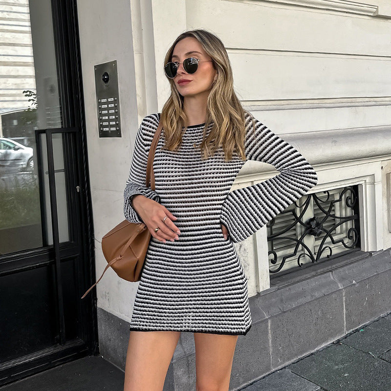 Striped Contrast Color Round Neck Long Sleeve Slim Fit Dress