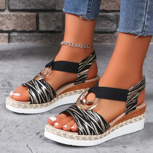 Women's Metal Buckle Hemp Rope Wedge Peep Toe Sandals