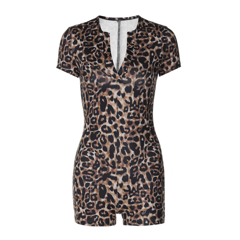 European And American Leopard Print Short Sleeve V-neck Fashion Skinny Hip Raise Jumpsuit