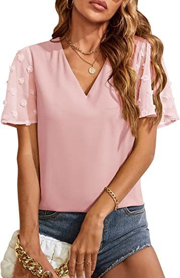 Women's Chiffon Shirt Fur Ball Short Sleeve Shirt