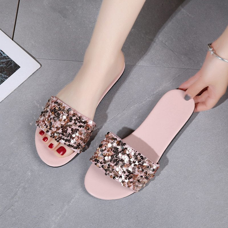 Women's Sequined Flat Slippers Plus Size Outer Wear Beach Sandals