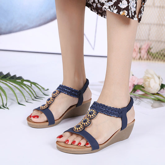 Wooden Bead Rhinestone Bohemian Wedge Comfortable Plus Size Sandals