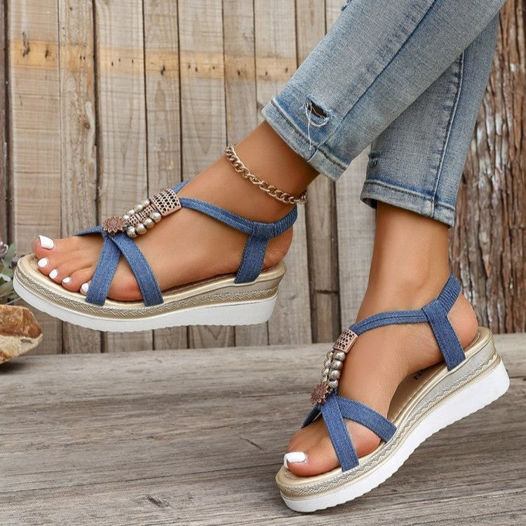 Summer Open Toed Beaded Wedge Sandals