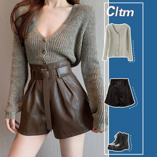 Coffee Color Leather Shorts Women's Autumn And Winter Outer Wear