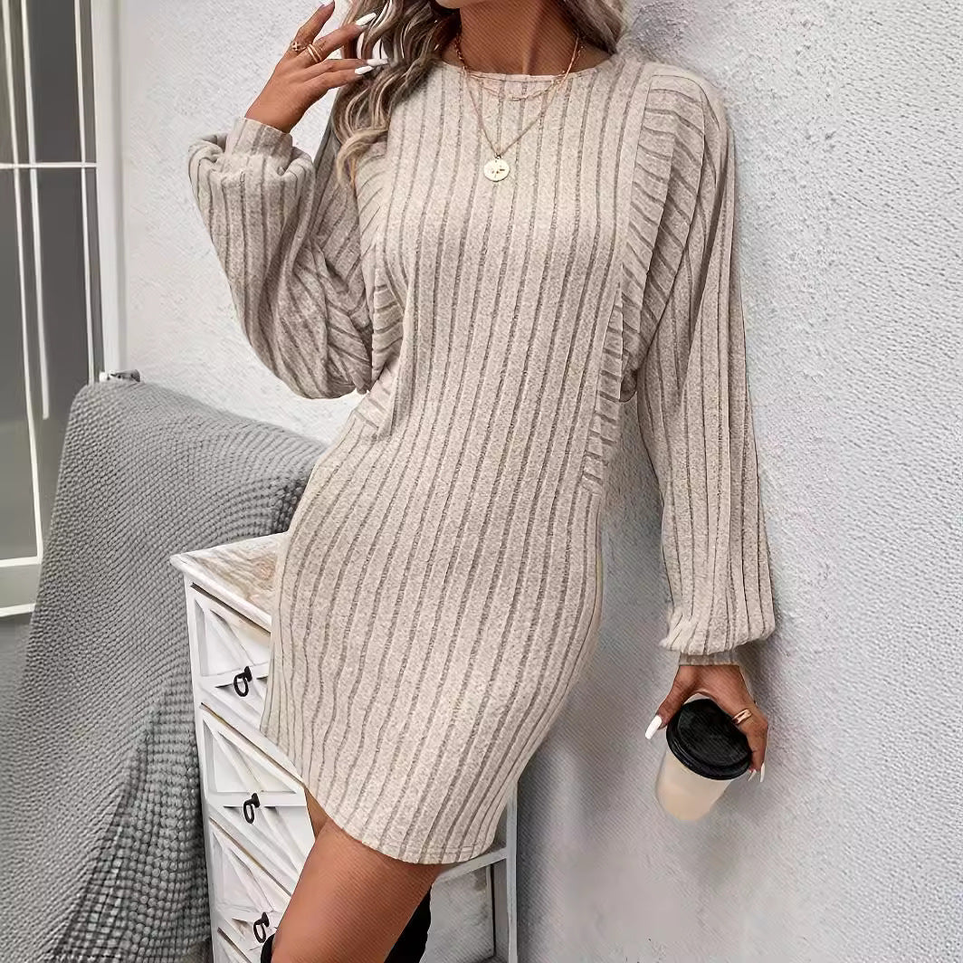 Women's Irregular Sunken Stripe Long Sleeve Knitted Dress