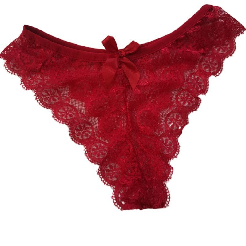 Large Bow Solid Color Lace Semi-transparent Panties