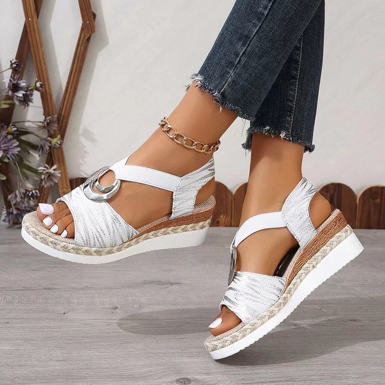 Women's Metal Buckle Hemp Rope Wedge Peep Toe Sandals