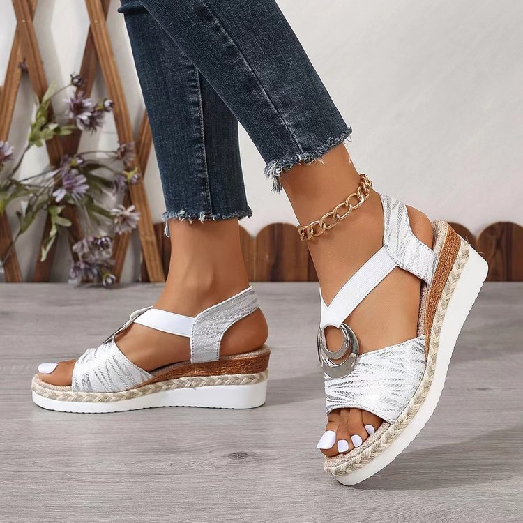 Women's Metal Buckle Hemp Rope Wedge Peep Toe Sandals