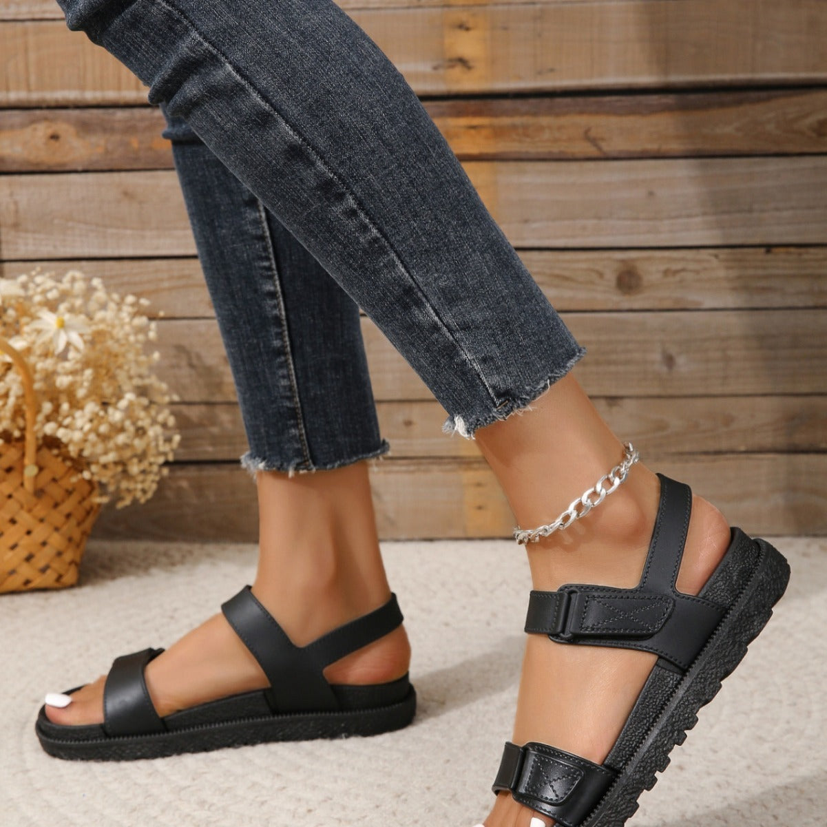 Velcro Sports Sandals One-line Fashion Outerwear Casual Beach Soft Bottom