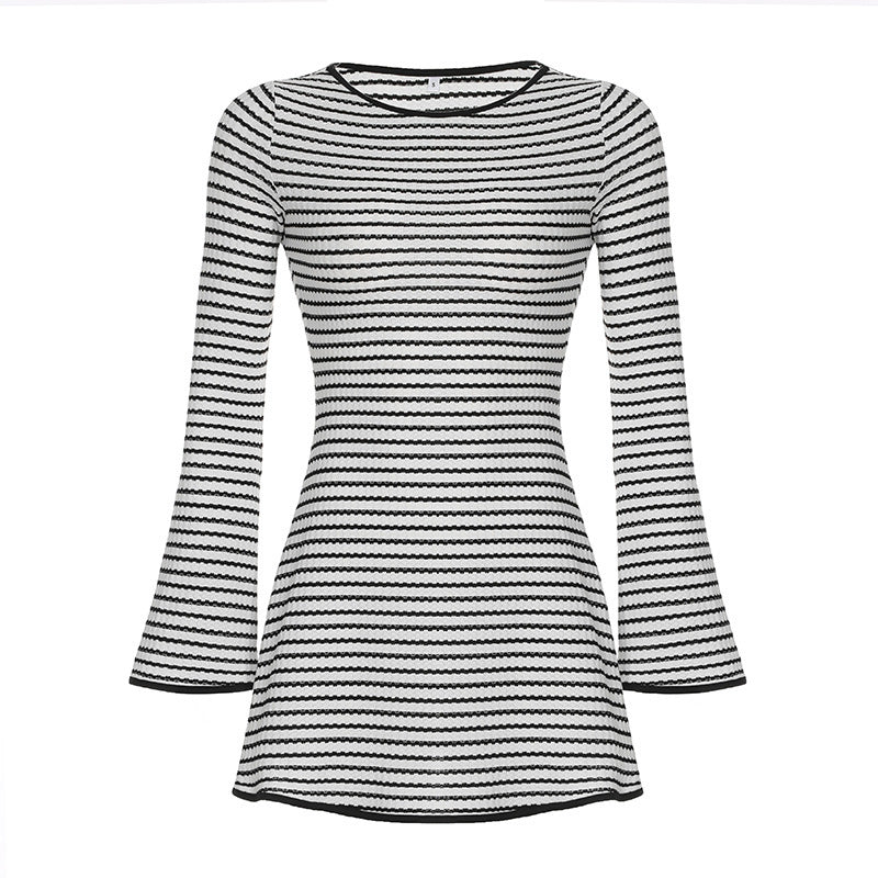 Striped Contrast Color Round Neck Long Sleeve Slim Fit Dress