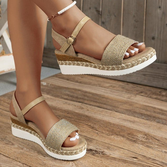 Women's Hemp Rope Wedge Sandals Plus Size Buckle