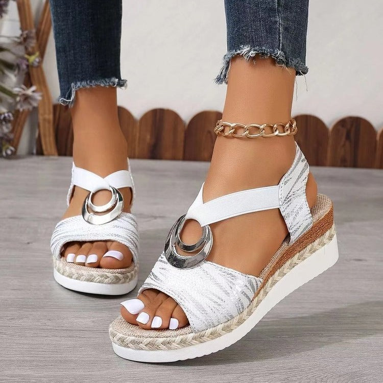 Women's Metal Buckle Hemp Rope Wedge Peep Toe Sandals