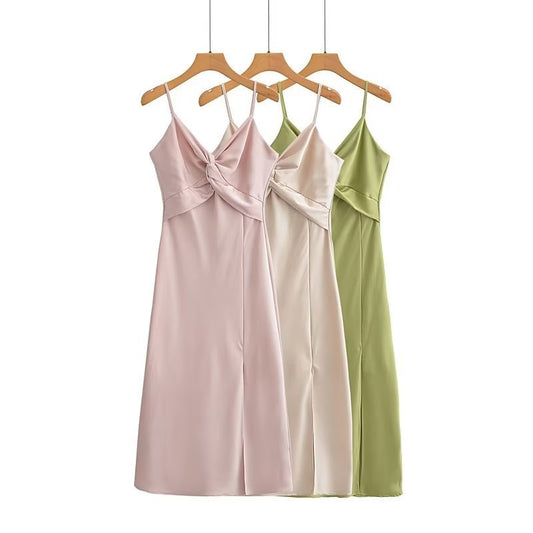 Women's Solid Color Silk Satin Knotted Decorative Suspenders Dress