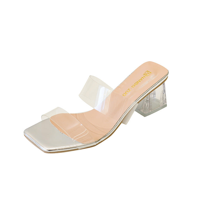 Crystal Thick Heel High Heels Women's Slip-on Sandals