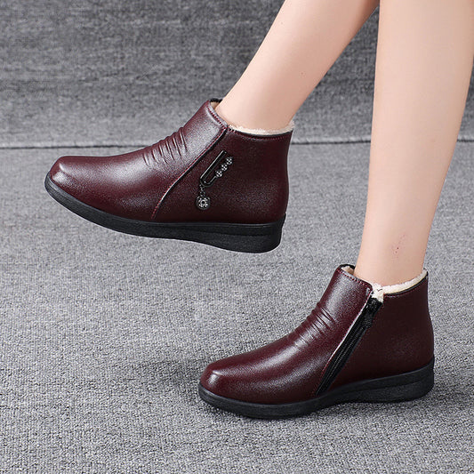 Female Fleece-lined Flat Bottom Middle-aged Cotton-padded Leather Shoes