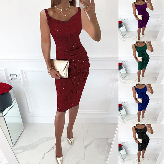 Women's Casual Rhinestone Wrapped Hip Fashionable Dress