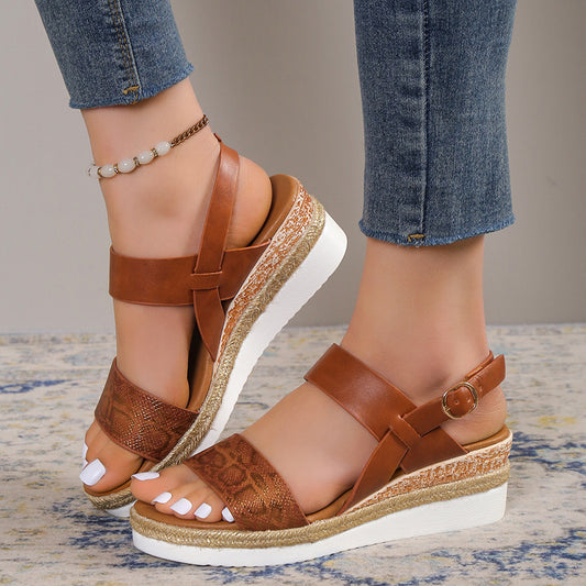 Spring And Summer New Wedge Round Toe Wide Strap Sandals For Women