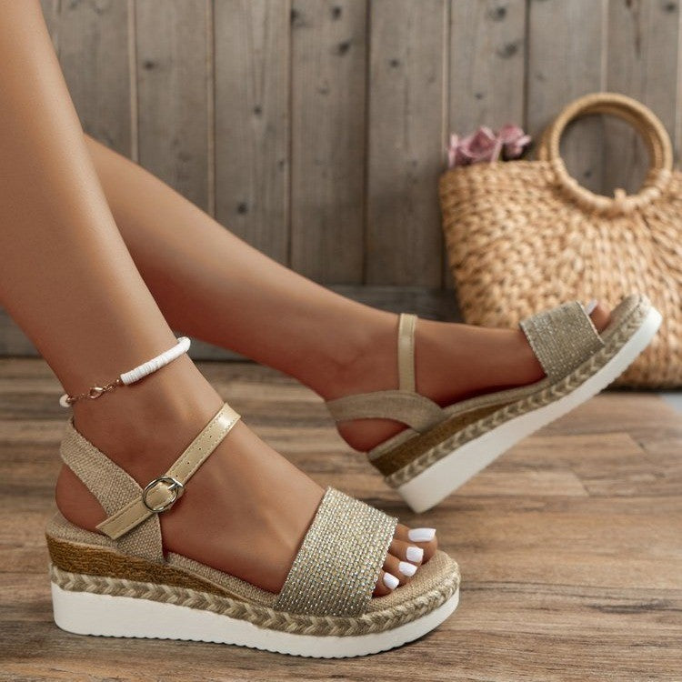 Women's Hemp Rope Wedge Sandals Plus Size Buckle