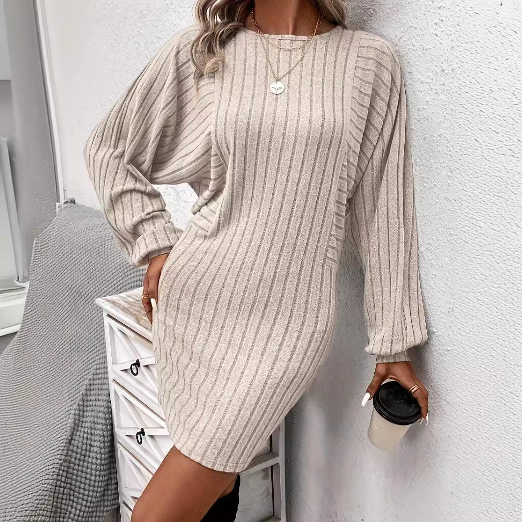 Women's Irregular Sunken Stripe Long Sleeve Knitted Dress