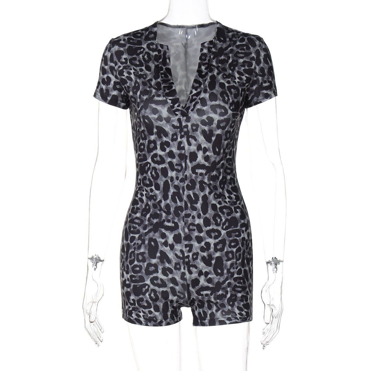 European And American Leopard Print Short Sleeve V-neck Fashion Skinny Hip Raise Jumpsuit