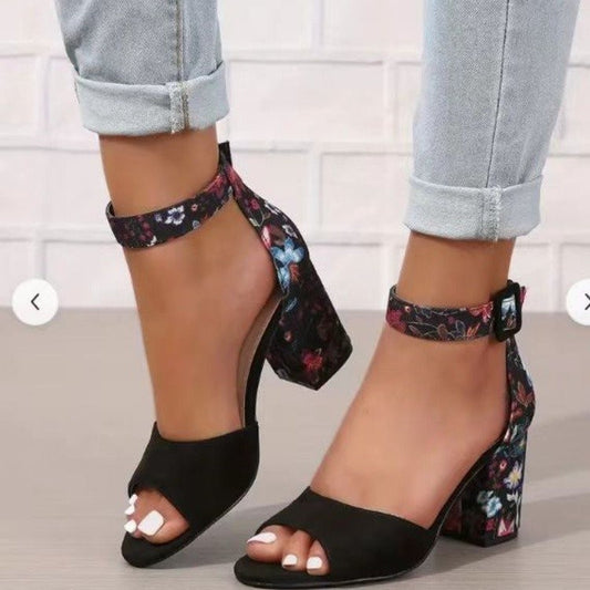 Embroidered Chunky Heel Women's High Heel Sandals